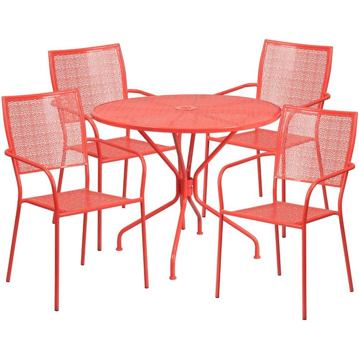 Flash Furniture Oia Commercial Grade 35.25" Round Black Indoor-Outdoor Steel Patio Table Set with 4 Square Back Chairs