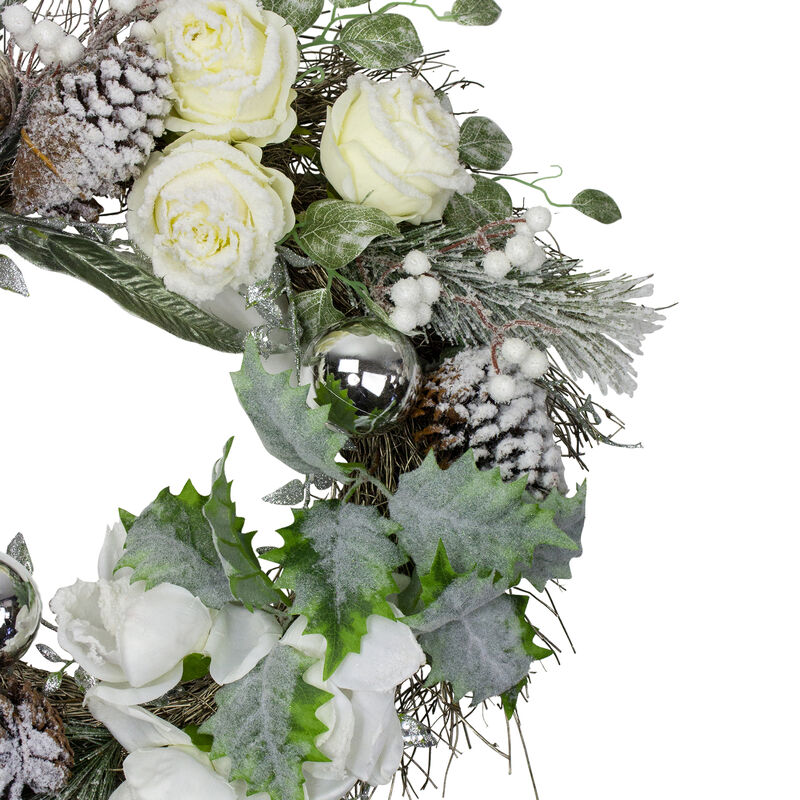 White and Silver Floral Flocked Pine Artificial Grapevine Christmas Wreath - 24-Inch  Unlit