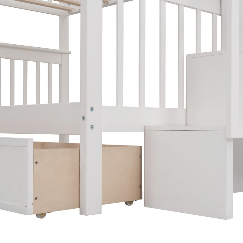 Stairway Full-Over-Full Bunk Bed With Drawer, Storage And Guard Rail For Bedroom