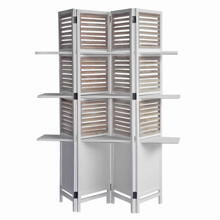 Contemporary 4 Panel Wooden Screen with Art Styled Shutter Design, White - Benzara