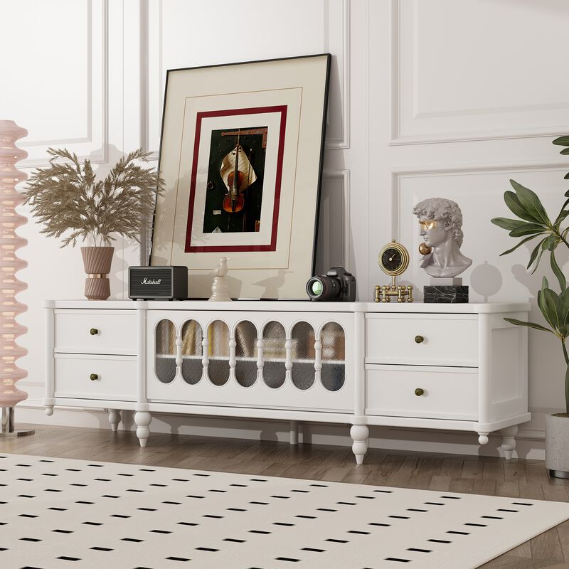 FUFU&GAGA French-Inspired TV Stand – Elegant Entertainment Center with Glass Doors & Storage Drawers, Classic Cabinet for Living Room (70.9" W x 15.7" D x 20.9" H), White