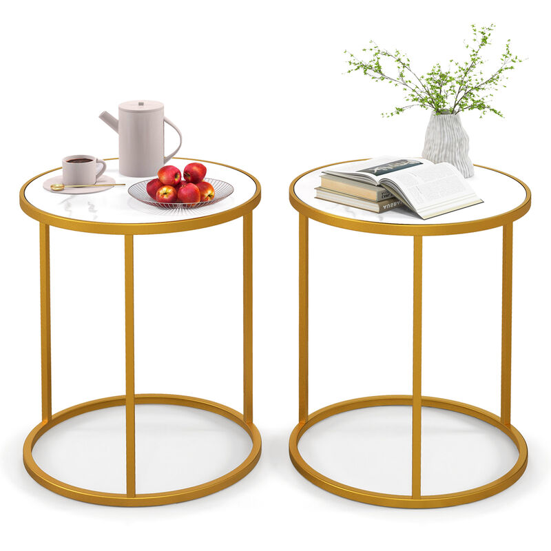 16 Inch Marble Top Round Side Table with Golden Metal Frame for Living Room Bedroom