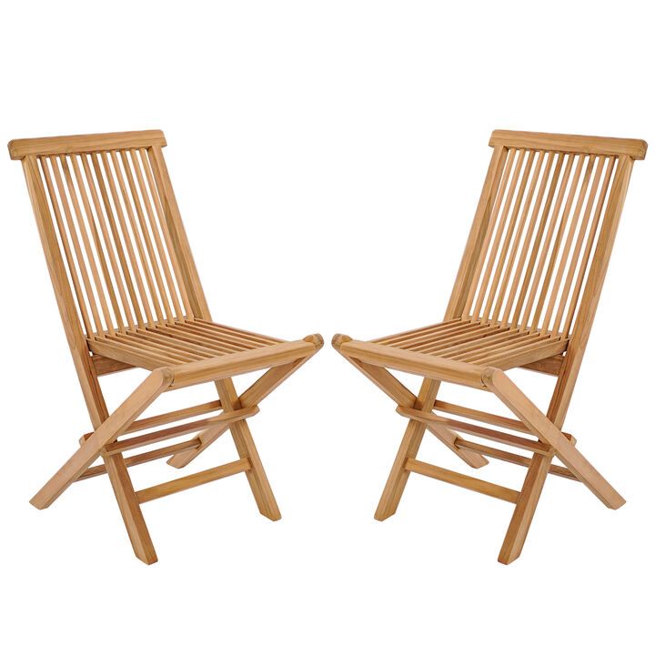 Set of 2 Teak Patio Folding Chairs with High Back and Slatted Seat