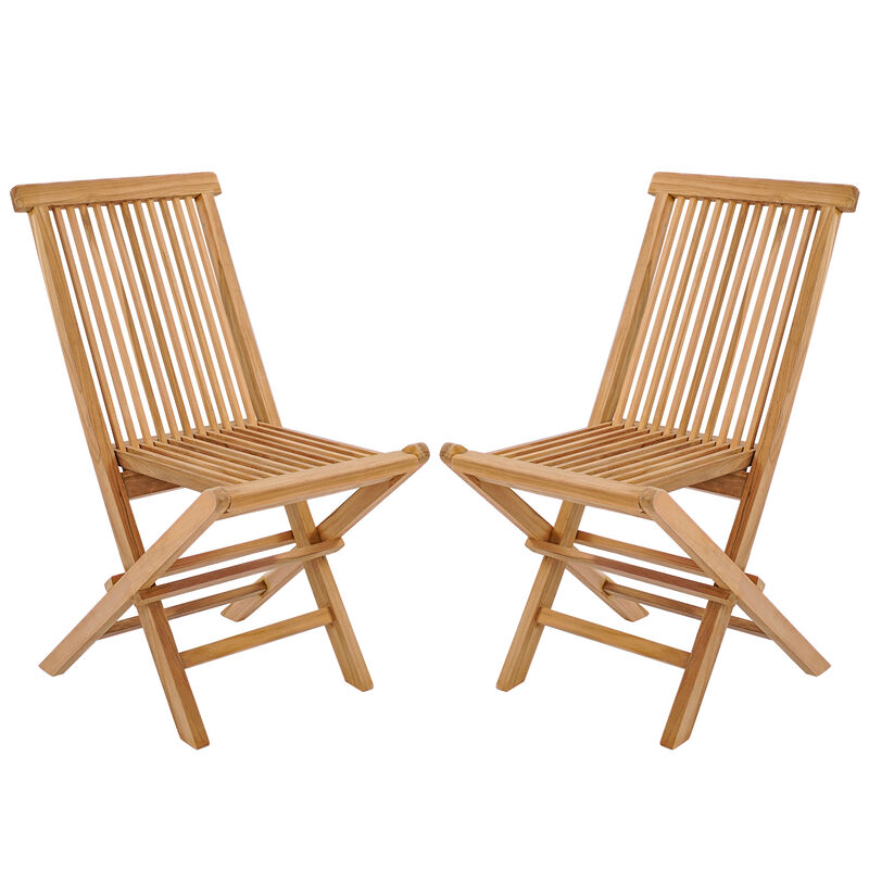 Set of 2 Teak Patio Folding Chairs with High Back and Slatted Seat