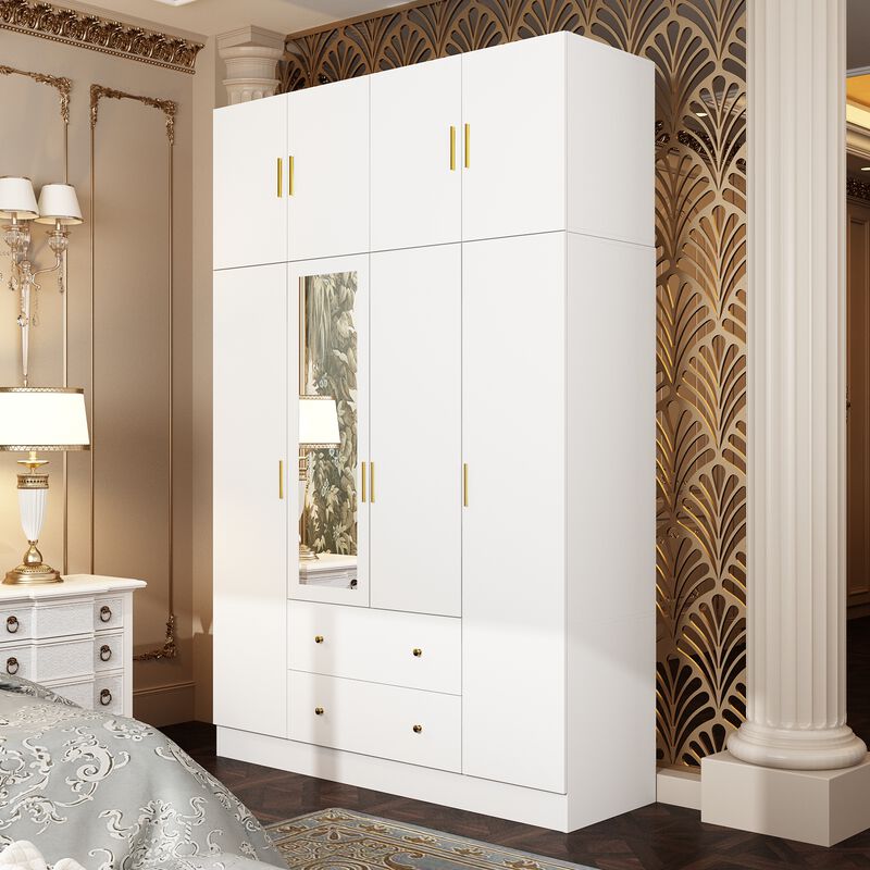 FUFU&GAGA Four-Door Wardrobe with Mirror, Top Cabinet, and Drawers (63" W x 19.7" D x 94.5" H),White