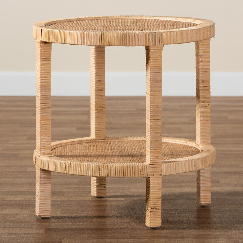 Baxton Studio Bella Modern Bohemian Natural Mahogany Wood and Natural Rattan 2 Tier End Table