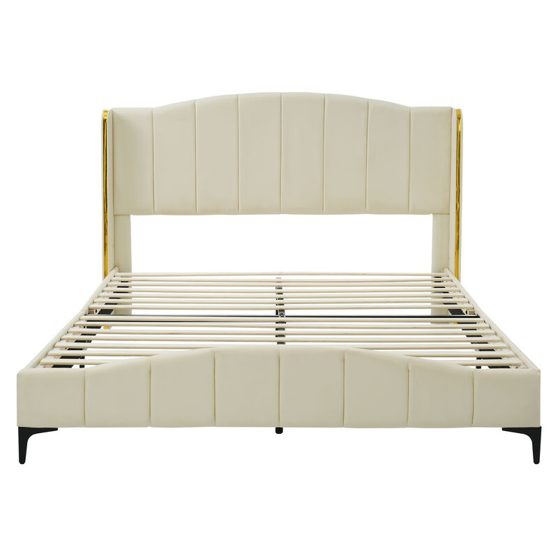 Merax PU Leather Upholstered Platform Bed with Velcro Slats
