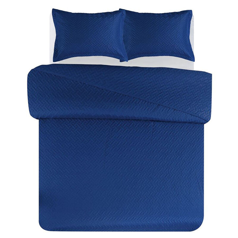 Legacy Decor 3 PCS Squared Stitched Pinsonic Reversible Lightweight All Season Bedspread Quilt Coverlet Oversized, Queen Size, Navy Color