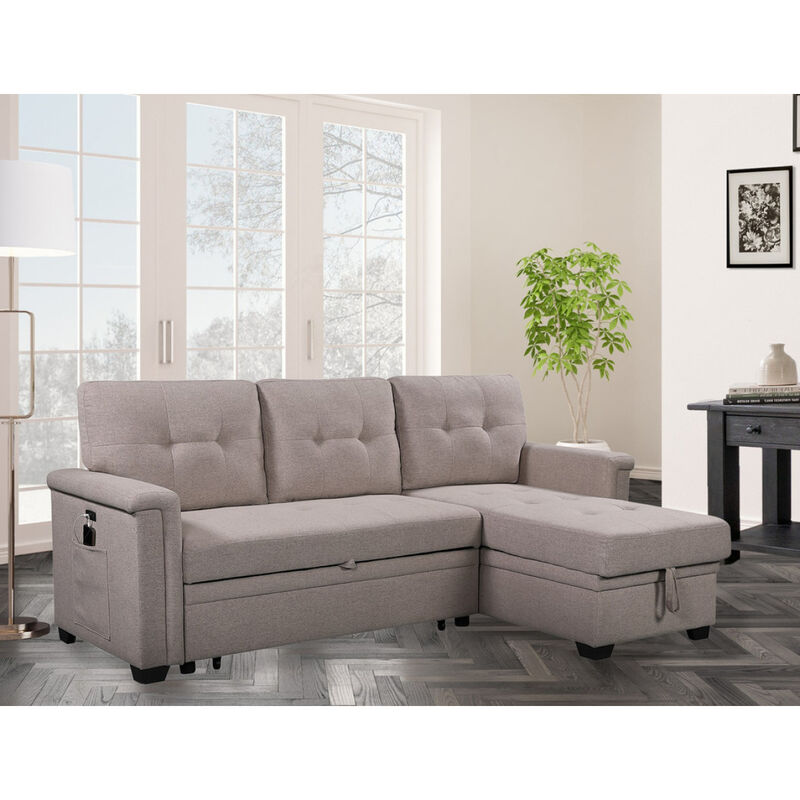 Nathan Light Reversible Sleeper Sectional Sofa With Storage Chaise, USB Charging Ports And Pocket