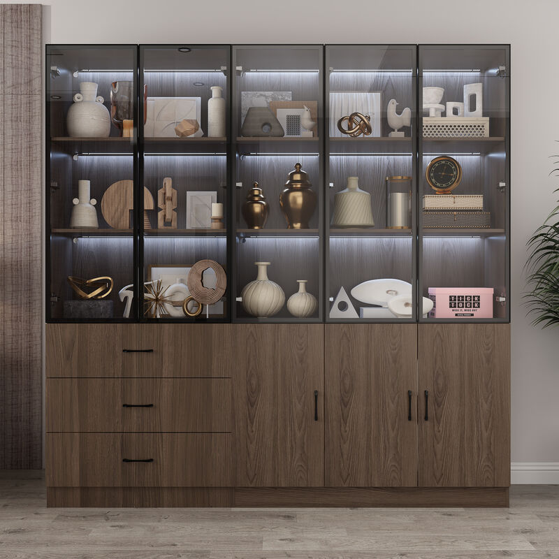 78.7”W Display Cabinet Curio Cabinet with Light & Pop-up Glass Doors, Storage Cabinet Bookcase with 5-Tier Shelves & 3 Drawers for Living Room/Home Office, Dark Brown (78.7”W x 15.7”D x 78.7”H)