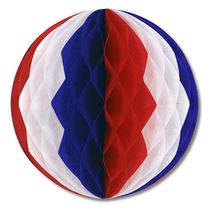 Club Pack of 24 Patriotic Red  White and Blue Honeycomb Hanging Tissue Ball Decorations 12"