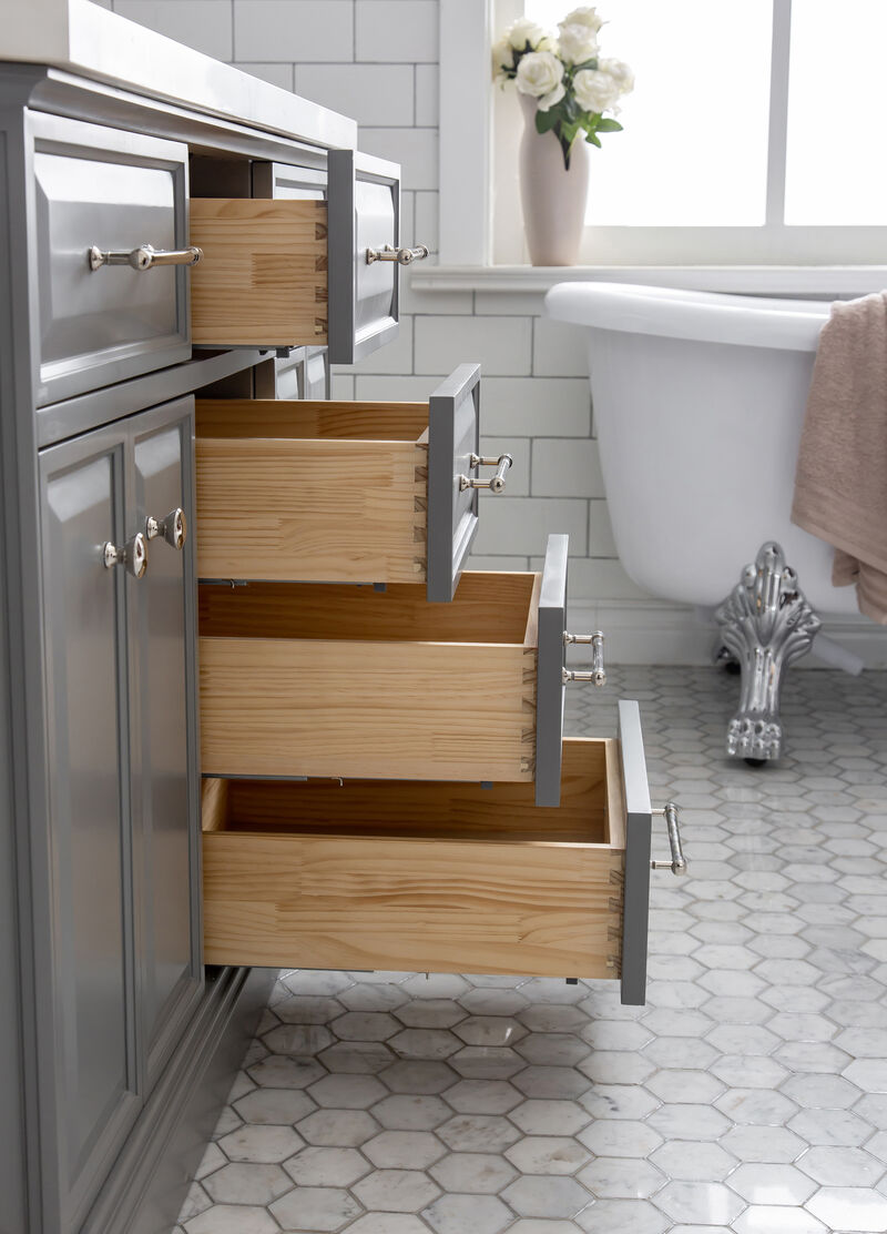 Palace 60 In. Double Sink Carrara Quartz Countertop Bath Vanity in Cashmere Grey with Polished Nickel (PVD) Hardware, Classic Faucets and Rectangular Pivot Mirrors