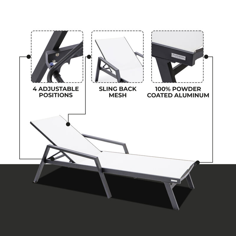 LeisureMod Marlin Patio Chaise Lounge Chair with Armrests – Black Aluminum Frame & Navy Blue Mesh for Outdoor Comfort