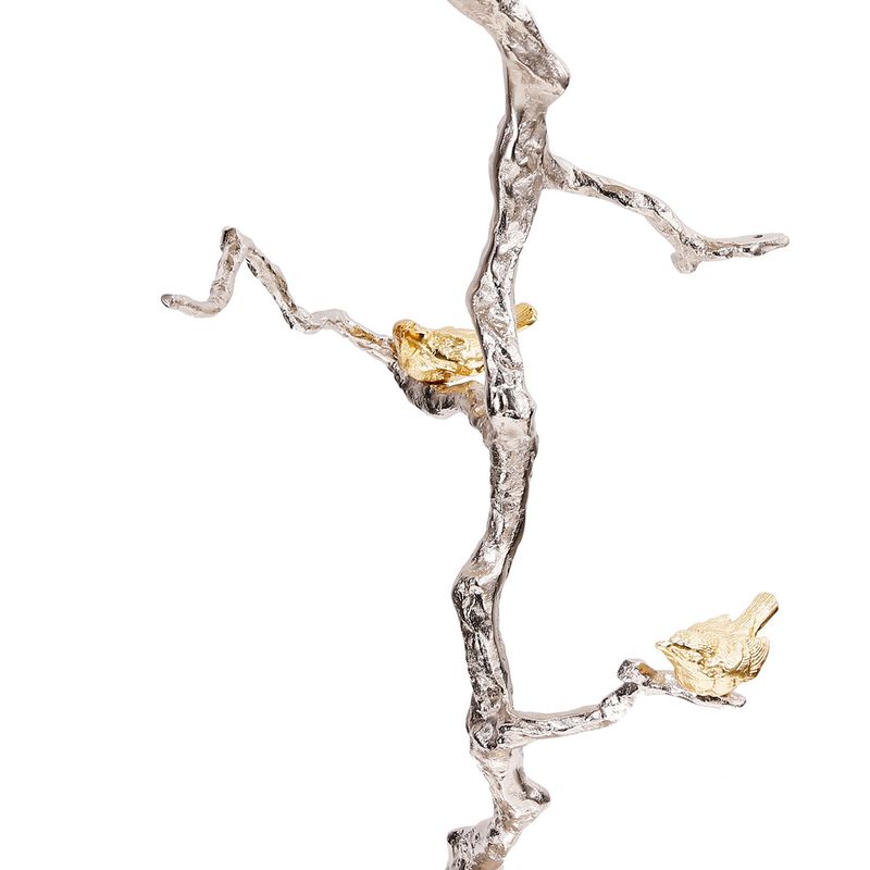28 Inch Accent Table, Artful Branch Like Frame, Gold Bird Accents, Silver - Benzara