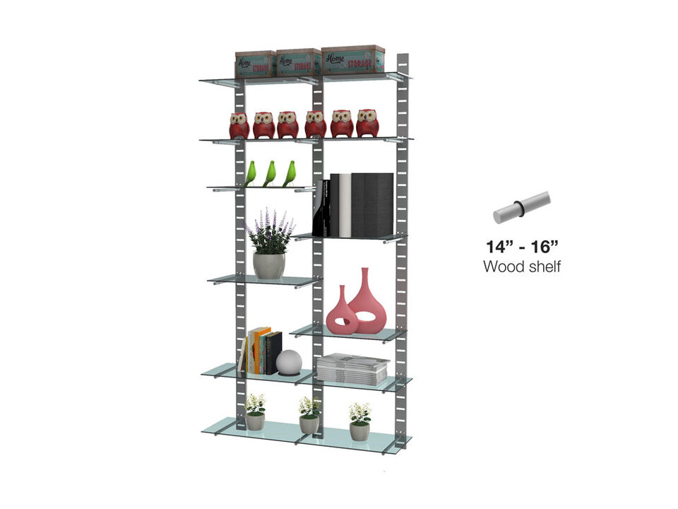 Trendy  Living Room Shelving System 91" High with 12 Mixed Glass Shelves 24" and 48" Length 14"-16" Width | 2 Sections- Shelves Sold Separately