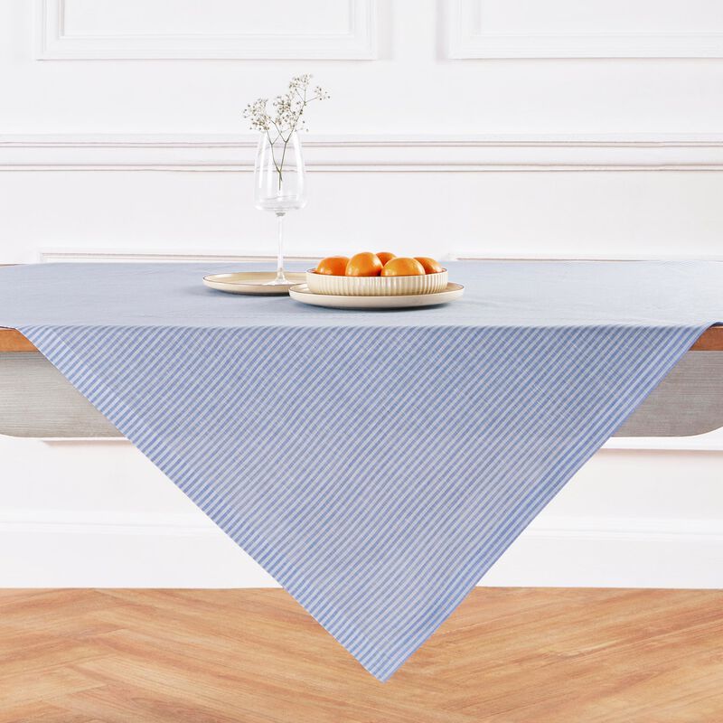 Solino Home 100% Pure Linen Table Throw 52 x 52 Inch | Narrow Stripe for Thanksgiving, Christmas