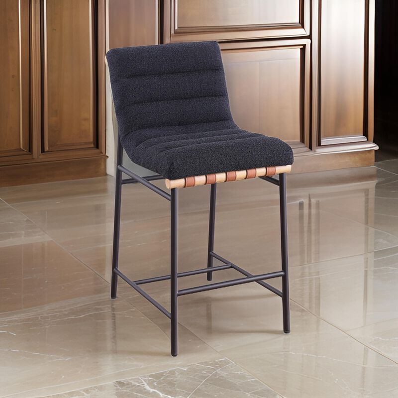 Kive 24 Inch Counter Height Stool Chair, Black Boucle Channel Tufted Seat, Steel - Benzara
