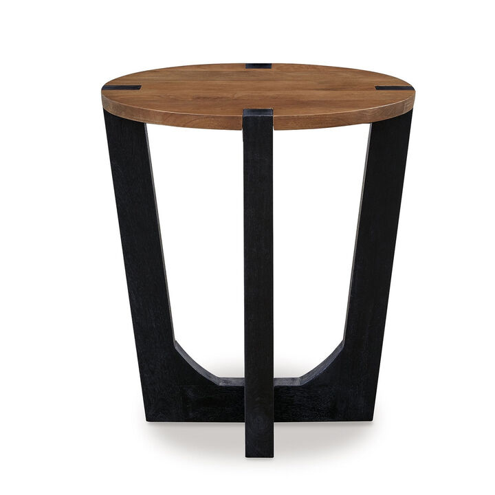 Leyi Round Side End Table, Black Angled Legs, 22 Inch Brown Mango Wood - Benzara