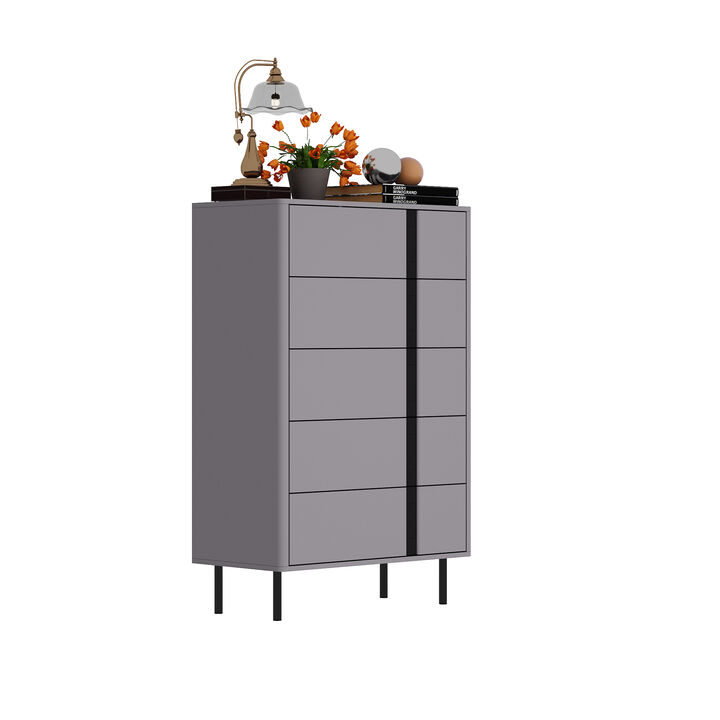 FUFU&GAGA Modern Gray Dresser with 5 Drawers, P2 MDF with Black Glass Accents (31.5" W x 47.2" H x 15.7" D), Gray