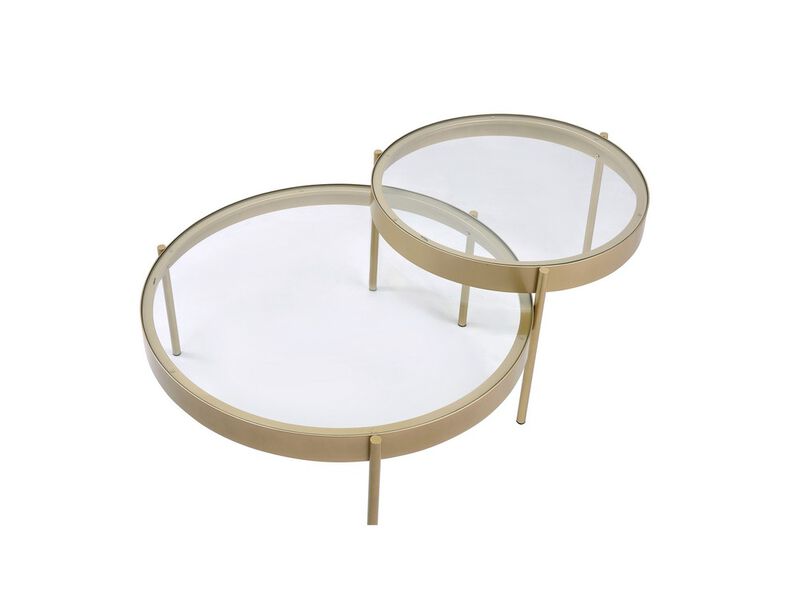 Contemporary Metal and Glass Round Nesting Table, Set of 2, Gold and Clear - Benzara