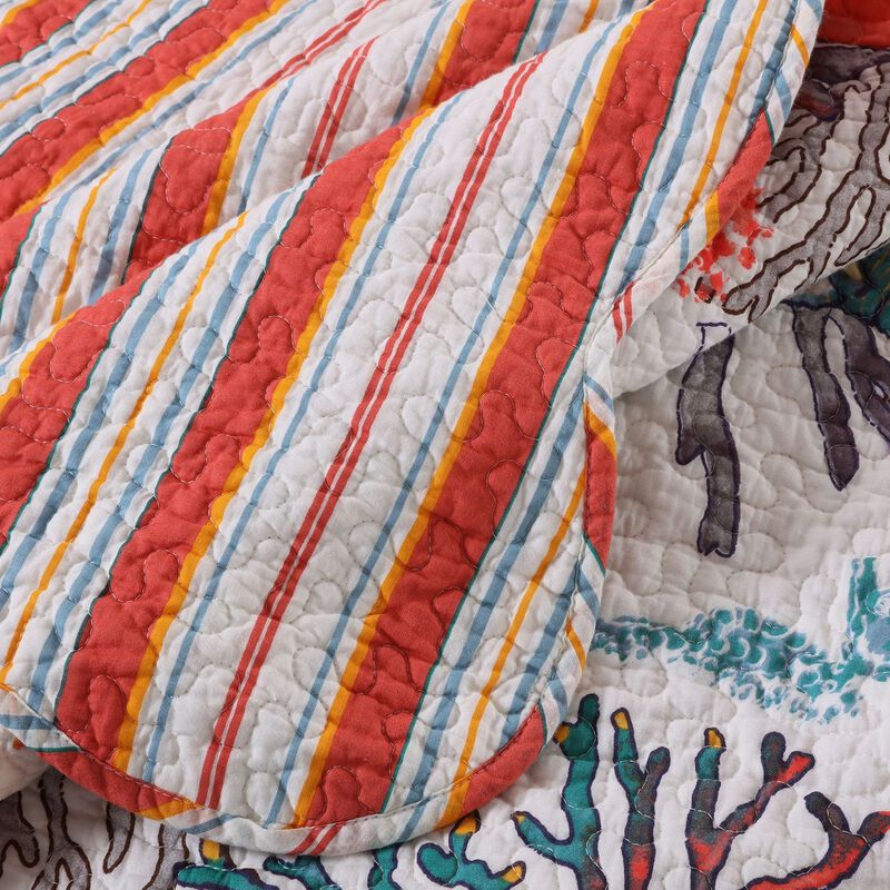 Wade 50 x 60 Quilted Throw Blanket with Fill, Corals and Seashells Design - Benzara