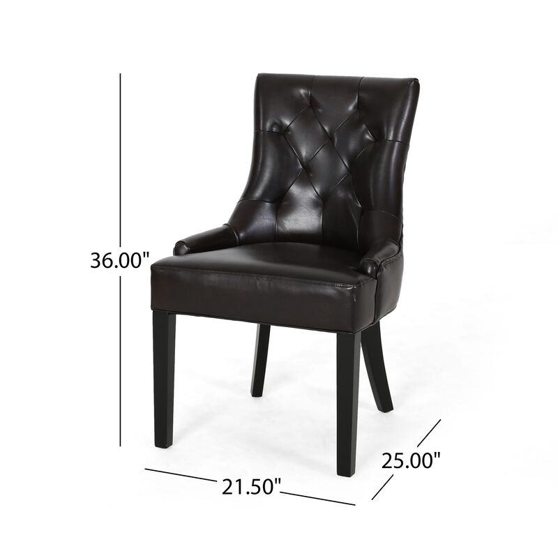 Chen Dining Chair Set of 2, Sloped Arms, Tufted Brown Faux Leather - Benzara