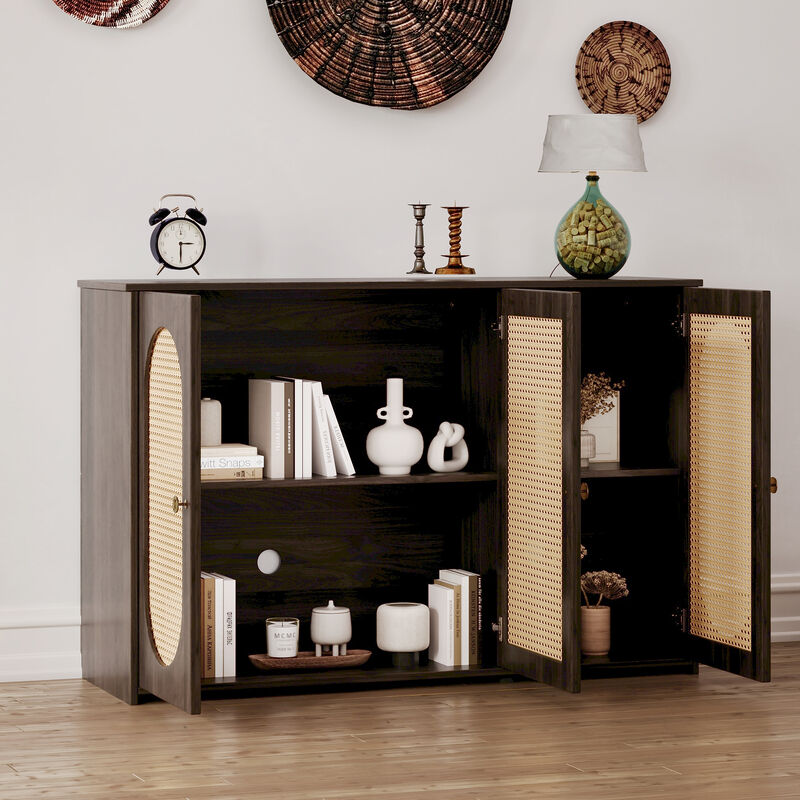 Clihome Retro 3-Door Sideboard with Large Storage Space Artificial Rattan Doors and Metal Handles, Accent Cabinet for Living Room and Hallway (Brown)