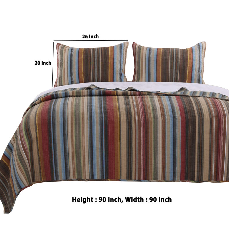Phoenix Fabric 3 Piece Queen Size Quilt Set with Striped Prints, Multicolor - Benzara