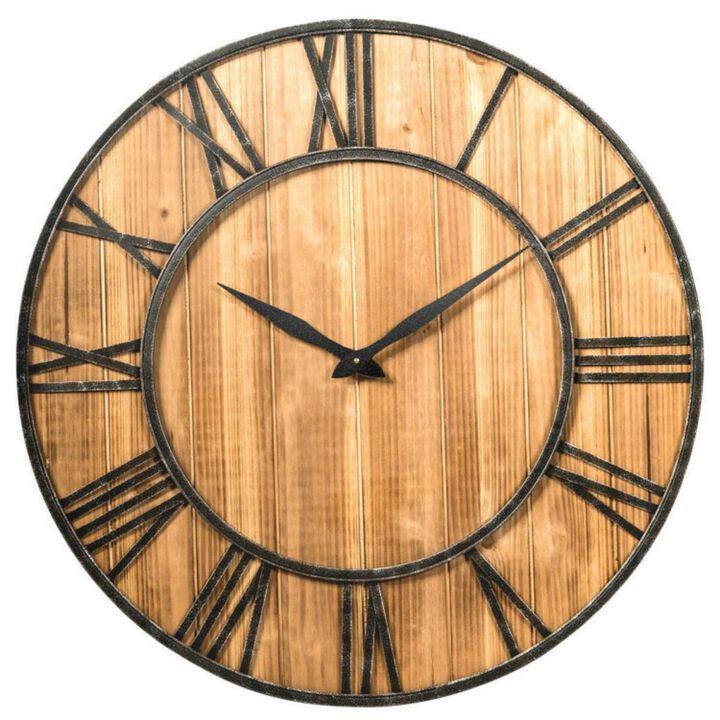 Hivvago 30 Inch Round Wall Clock Decorative Wooden Silent Clock with Battery