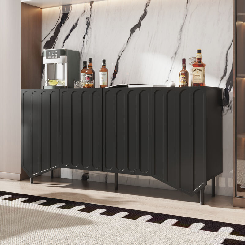 FUFU&GAGA Modern Black Sideboard with 4 Cabinet Doors, 2 Adjustable Shelves, and Tapered Legs (63" W x 31.5" H x 15.8" D), Black