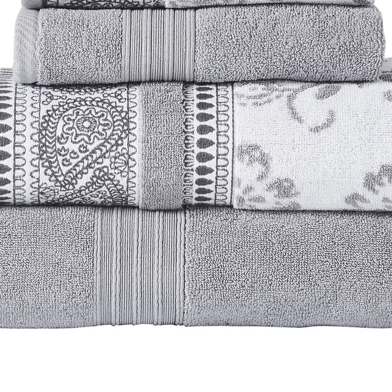 Veria 6 Piece Towel Set with Paisley and Floral Motif Pattern The Urban Port, Gray - Benzara