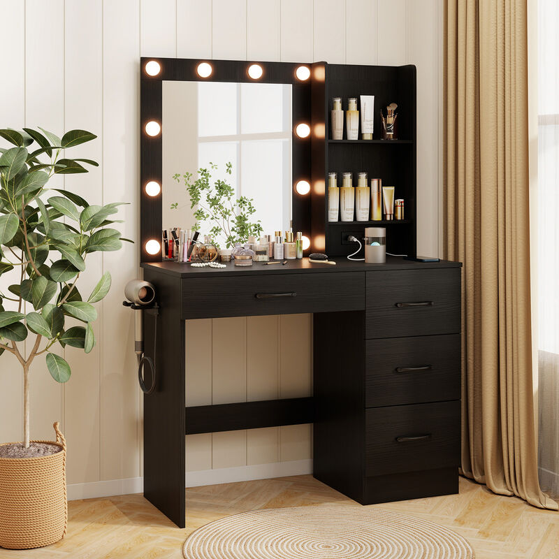 Vanity Desk with 3-Color Lights and Power Outlets
