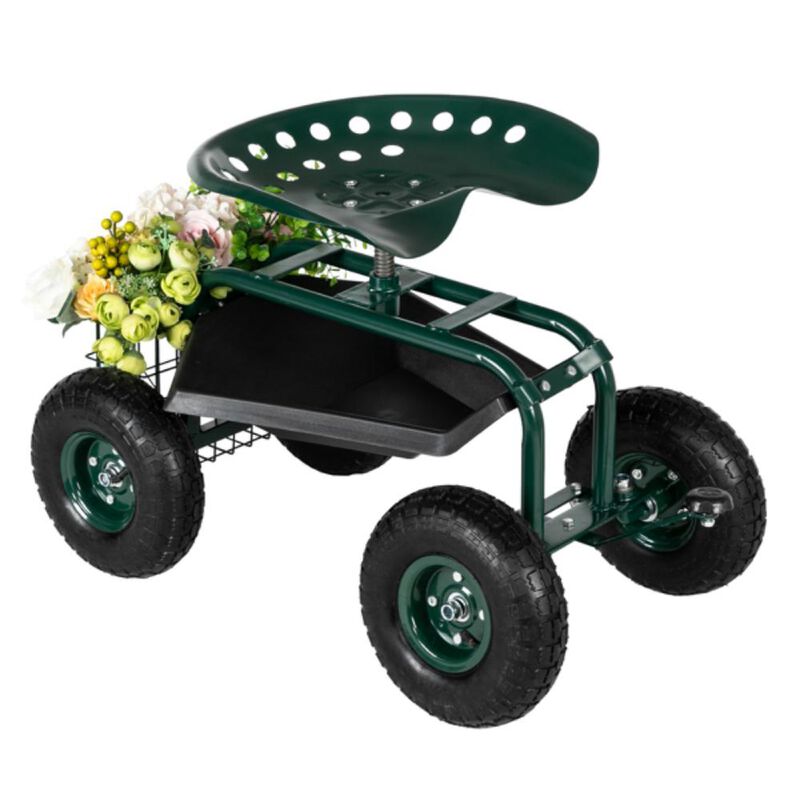 Short Handle Garden Seat Cart Portable Rolling Seat with Storage for Easy Gardening & Yard Work