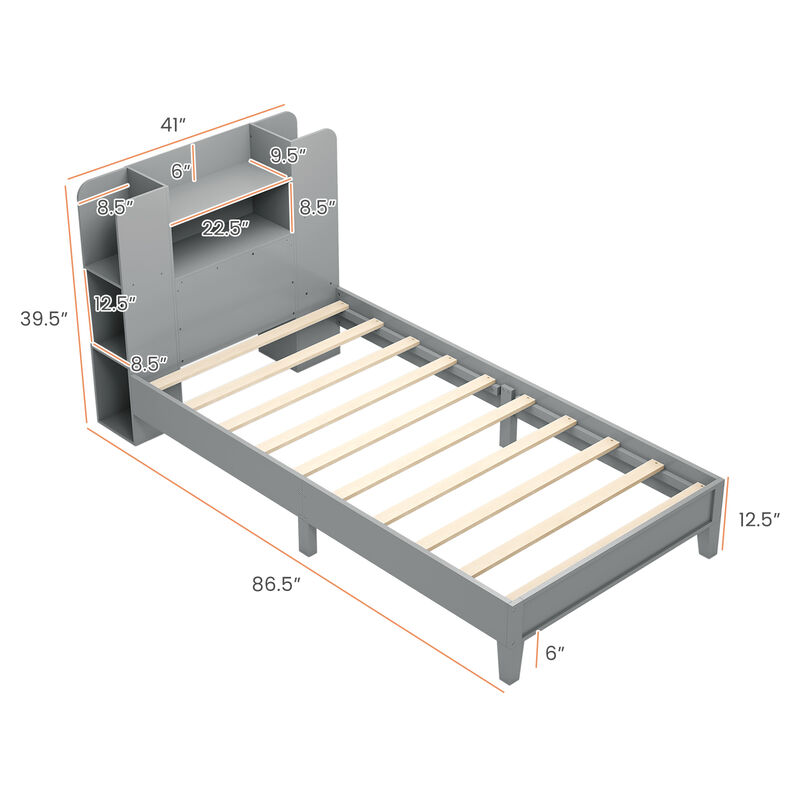 Wooden Platform Bed Frame with Bookcase Headboard