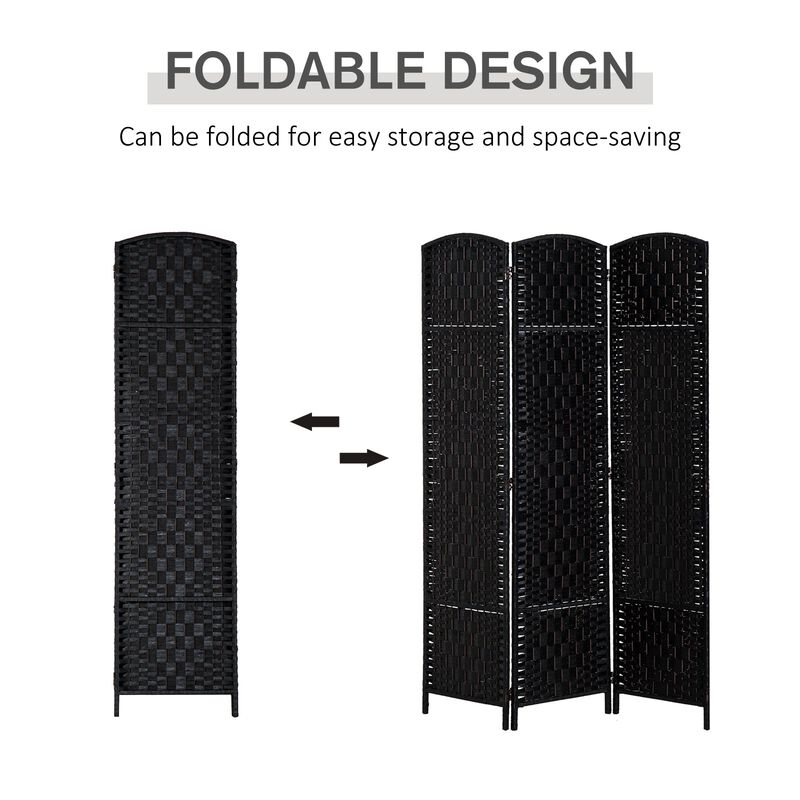 Black Woven Separator: 6' Tall 3-Panel Wicker Room Divider