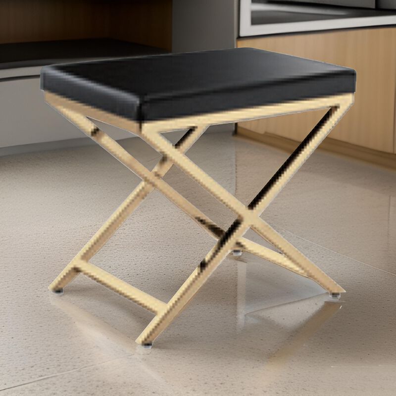 Myra 21 Inch Accent Stool, Black Faux Leather, Gold Finished Cross Legs - Benzara