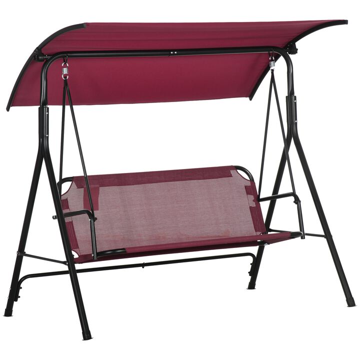 Wine Red Patio Seating: 3-Person Swing Bench with Adjustable Canopy