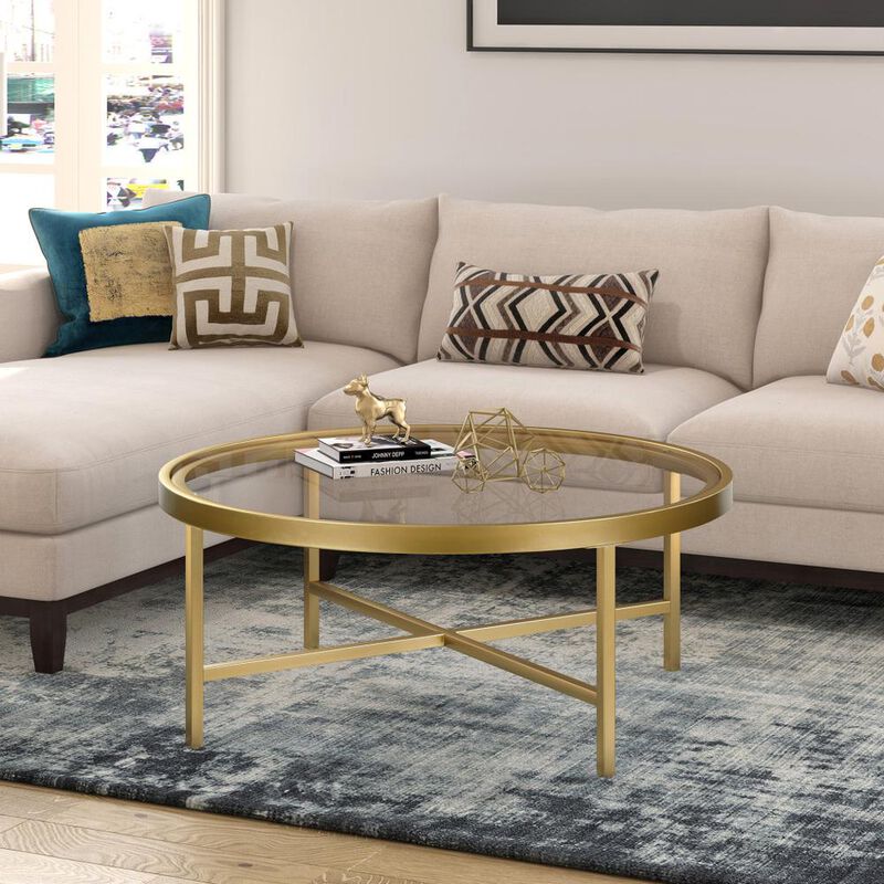 HomeRoots 36 Gold Glass And Steel Round Coffee Table