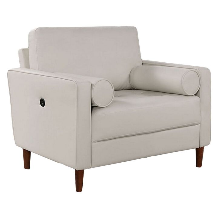 Quzi 40 Inch Chair, USB Charger, Bolster Pillows, Tapered Legs, Off White - Benzara