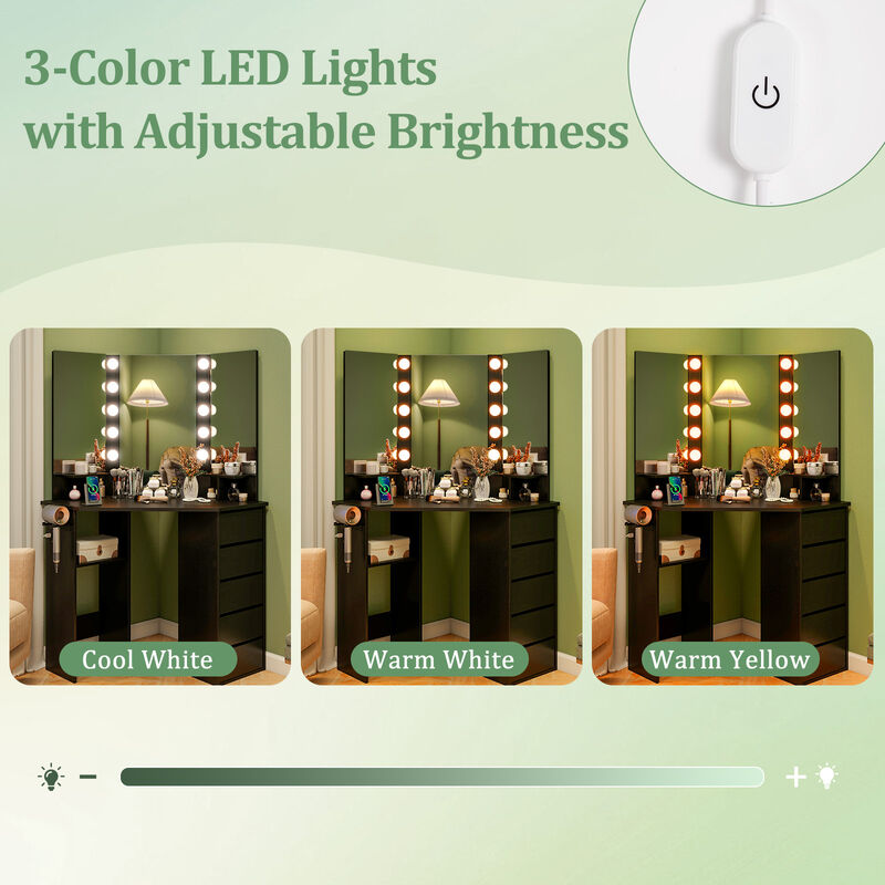 Corner Vanity Desk with 3-Color LED Lighted Mirror and Power Outlet