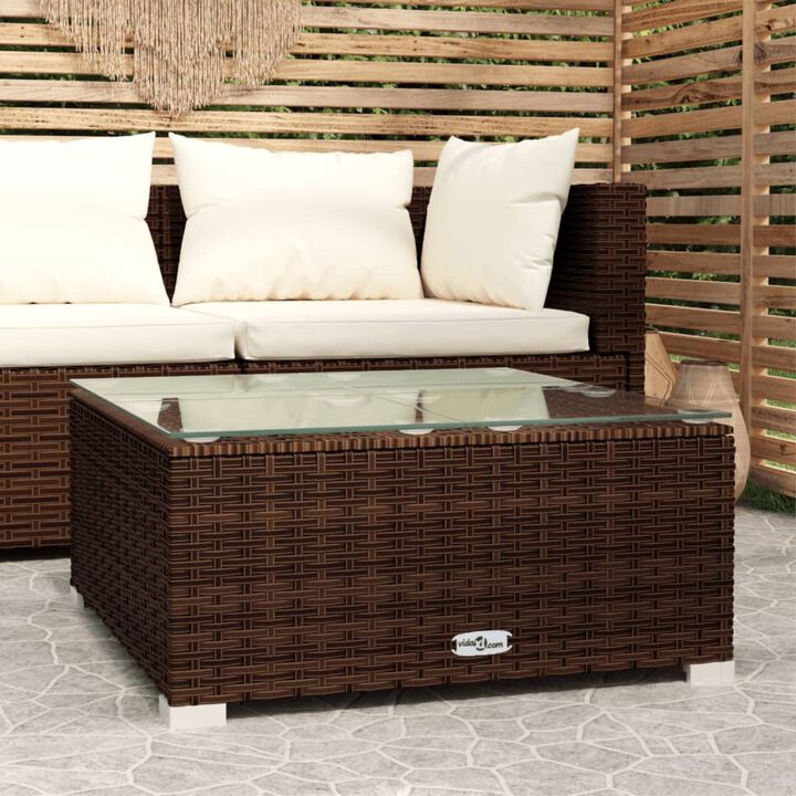 vidaXL Durable Patio Coffee Table - Brown Poly Rattan & Glass, Lightweight, Waterproof, Modular Design, Easy Maintenance, 23.6"x23.6"x11.8"