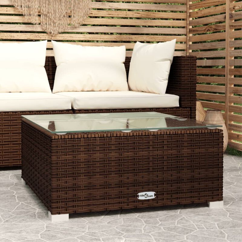 vidaXL Durable Patio Coffee Table - Brown Poly Rattan & Glass, Lightweight, Waterproof, Modular Design, Easy Maintenance, 23.6"x23.6"x11.8"