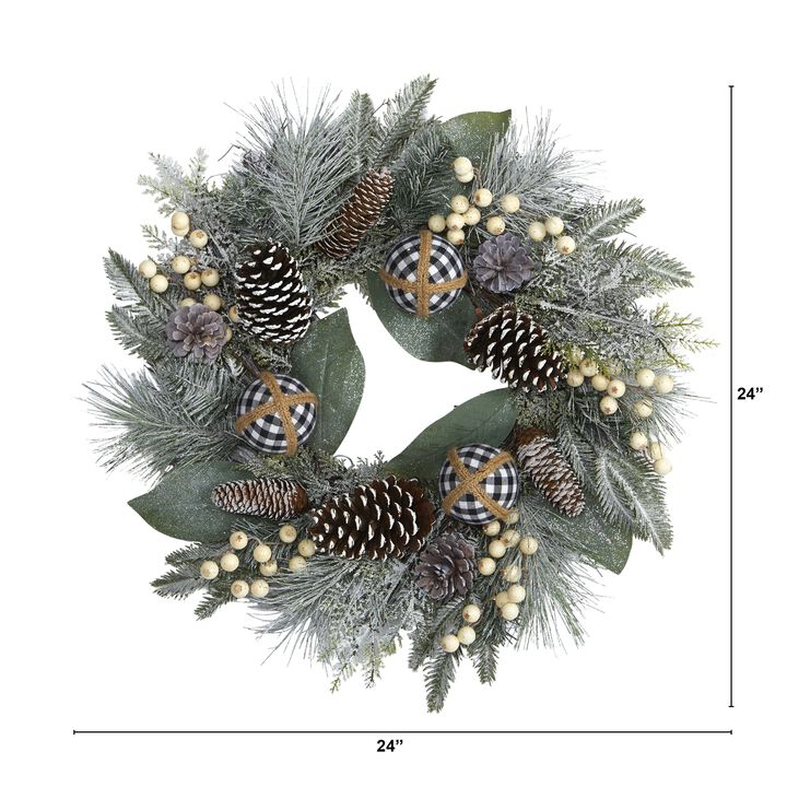 Hivvago 24" Snow Tipped Holiday Artificial Wreath with Berries, Pine Cones and Ornaments