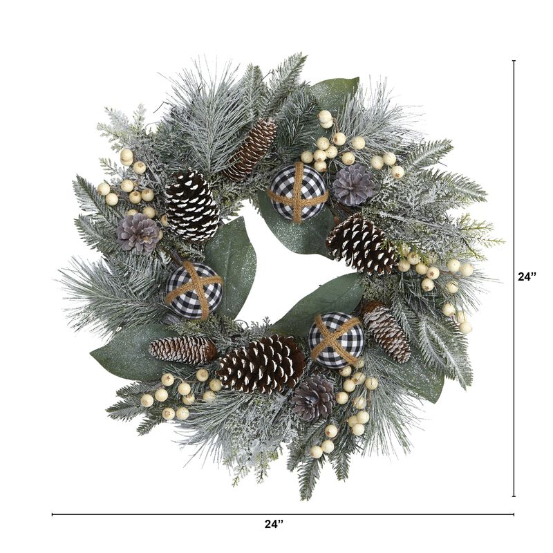 Hivvago 24" Snow Tipped Holiday Artificial Wreath with Berries, Pine Cones and Ornaments