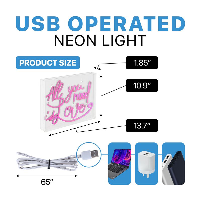 All You Need Is Love 13.7" X 10.9" Contemporary Glam Acrylic Box USB Operated LED Neon Light