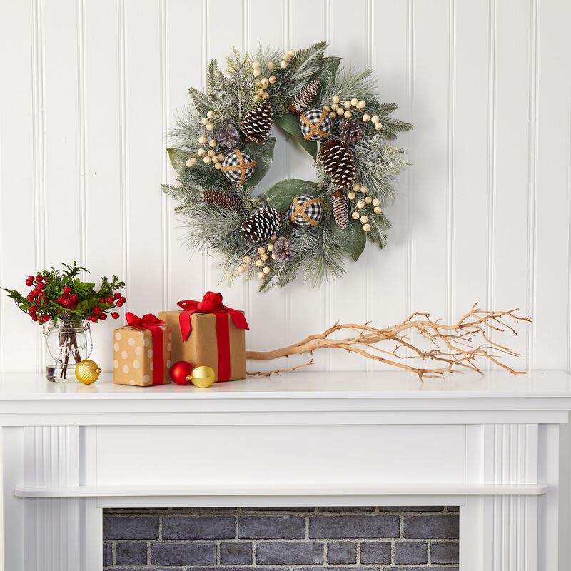 Hivvago 24" Snow Tipped Holiday Artificial Wreath with Berries, Pine Cones and Ornaments