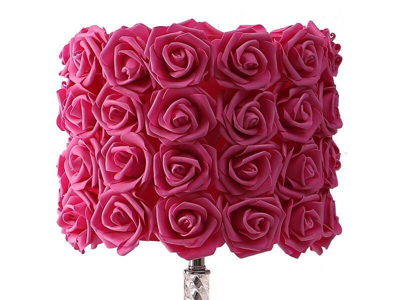 Bloom Roses Drum Shade Table Lamp with Twisted Acrylic Base, Red - Benzara