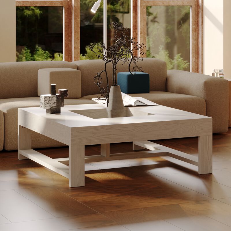 FUFU&GAGA Modern White Wood Coffee Table – Solid Wood, Square Design, Spacious Tabletop with Built-in Storage, Sturdy Frame (43.3" W x 43.3" D x 15.7" H), White