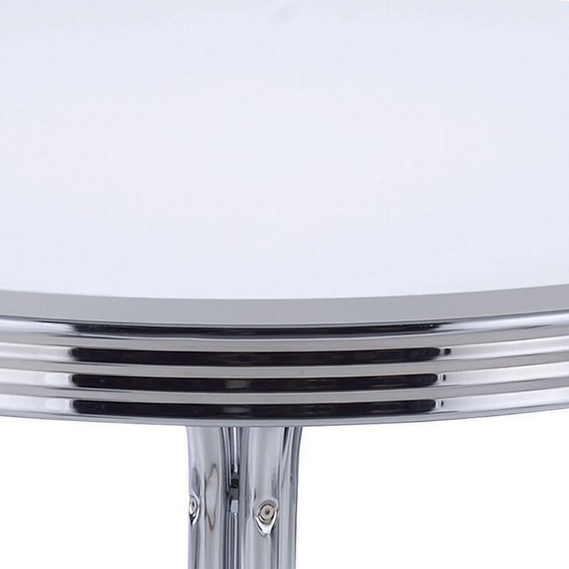 Loy 42 Inch Round Dining Table, Glossy White Wood Top, Ribbed Chrome Apron - Benzara