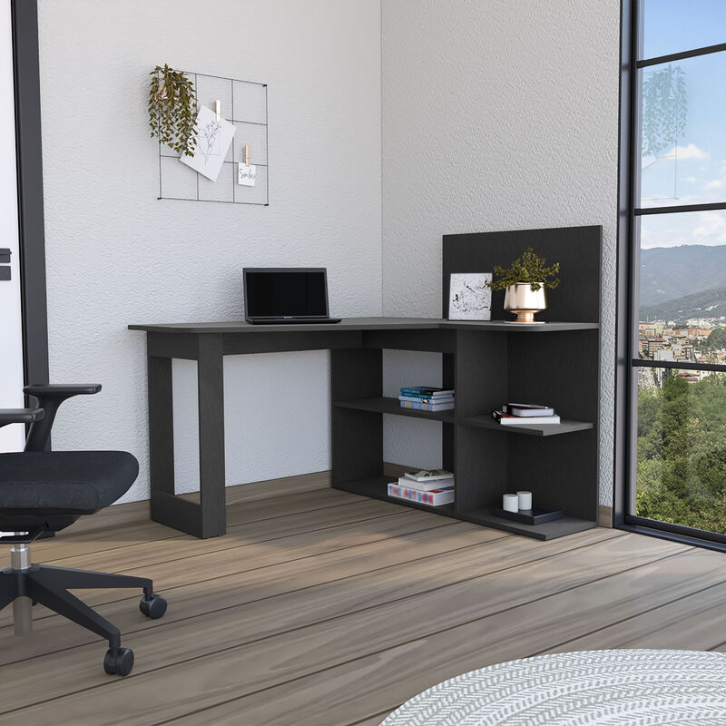DEPOT E-SHOP Kairi Writing Computer Desk, Five Open Shelves, Black